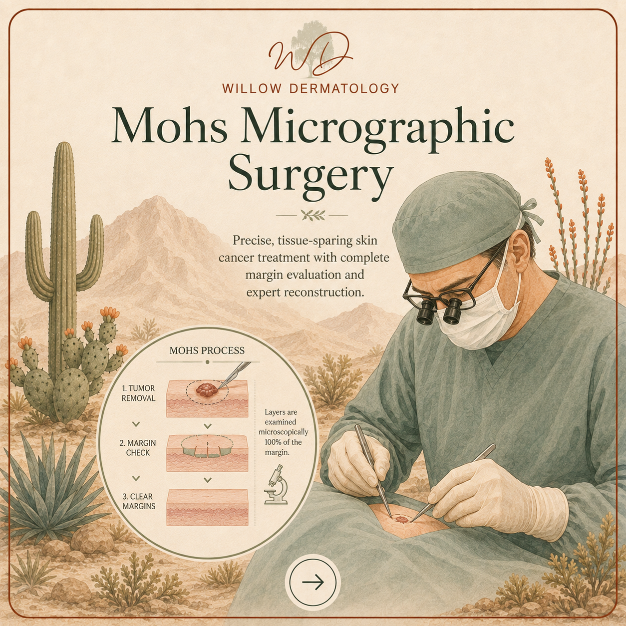 An illustrated advertisement for Mohs micrographic surgery by Willow Dermatology, showing a dermatologist performing a skin cancer removal on a patient, with desert plants and mountains in the background, and a process diagram of the surgery steps.