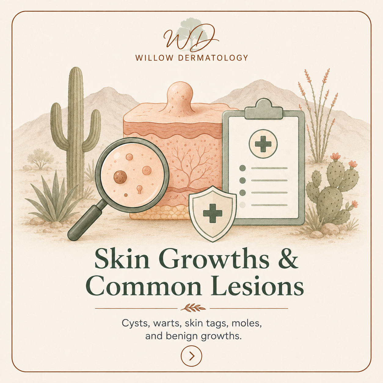 An illustration of a dermatology clinic with a desert background featuring cacti and mountains. The clinic offers skin growths and lesions analysis, including cysts, warts, skin tags, moles, and benign growths, with icons of a magnifying glass, skin diagram, medical clipboard, and shield.