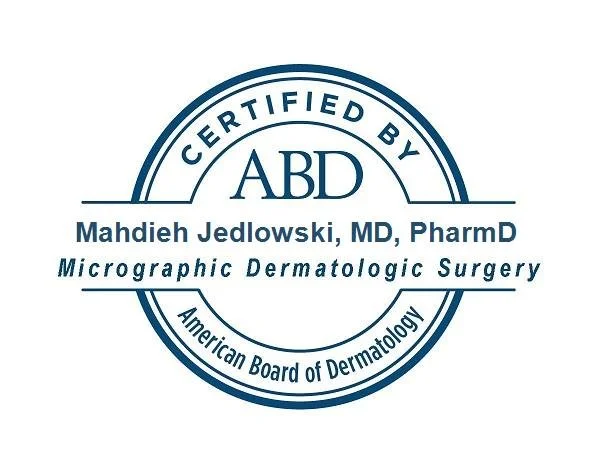 Certification badge with the American Board of Dermatology logo, name Mahdieb Jedlowski, MD, PharmD, and specialty Micrographic Dermatologic Surgery.