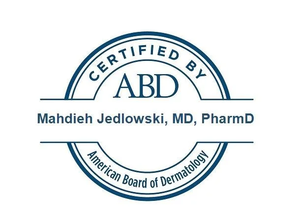Certificate badge from the American Board of Dermatology for Mahdieh Jedlowski, MD, PharmD