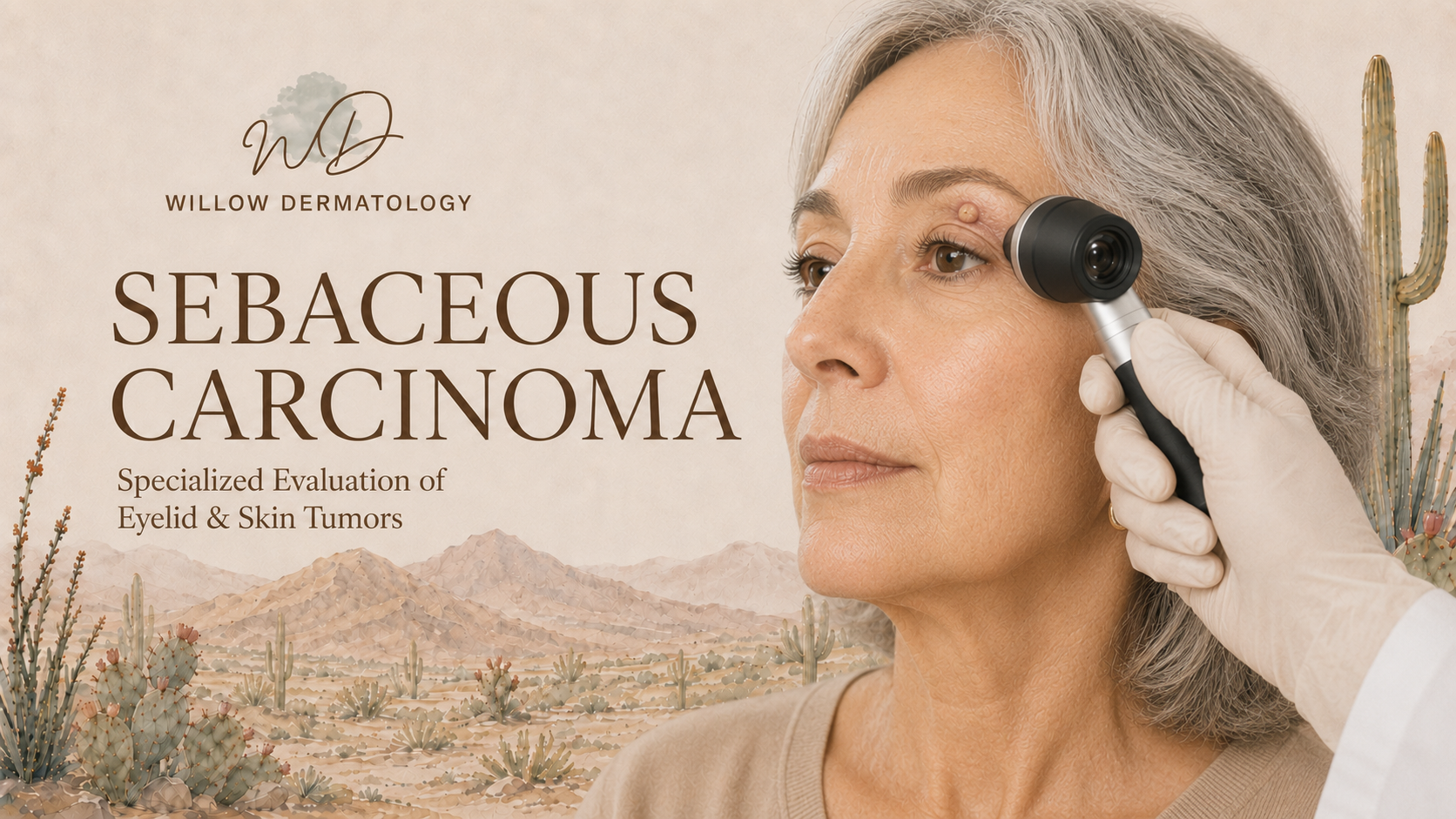 A woman with gray hair getting her eyelid and skin tumors evaluated with a medical device held by a healthcare professional in a clinical setting.