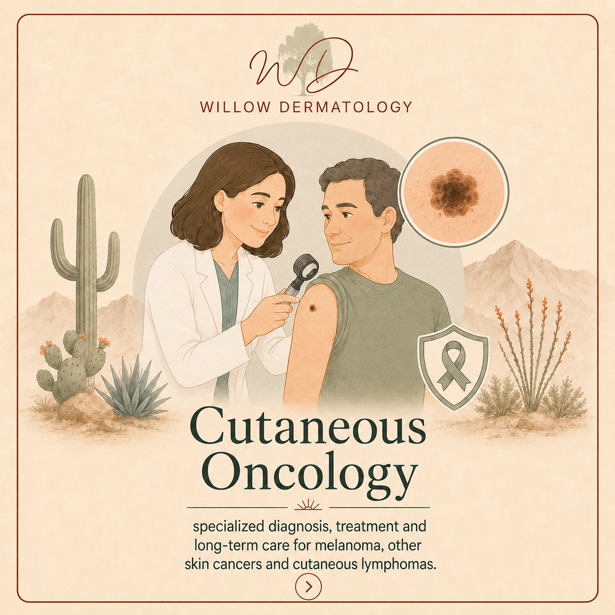 Illustration of a doctor examining a man's shoulder for skin cancer, with desert plants and mountains in the background. The image promotes cutaneous oncology with a focus on melanoma and skin cancer treatment.