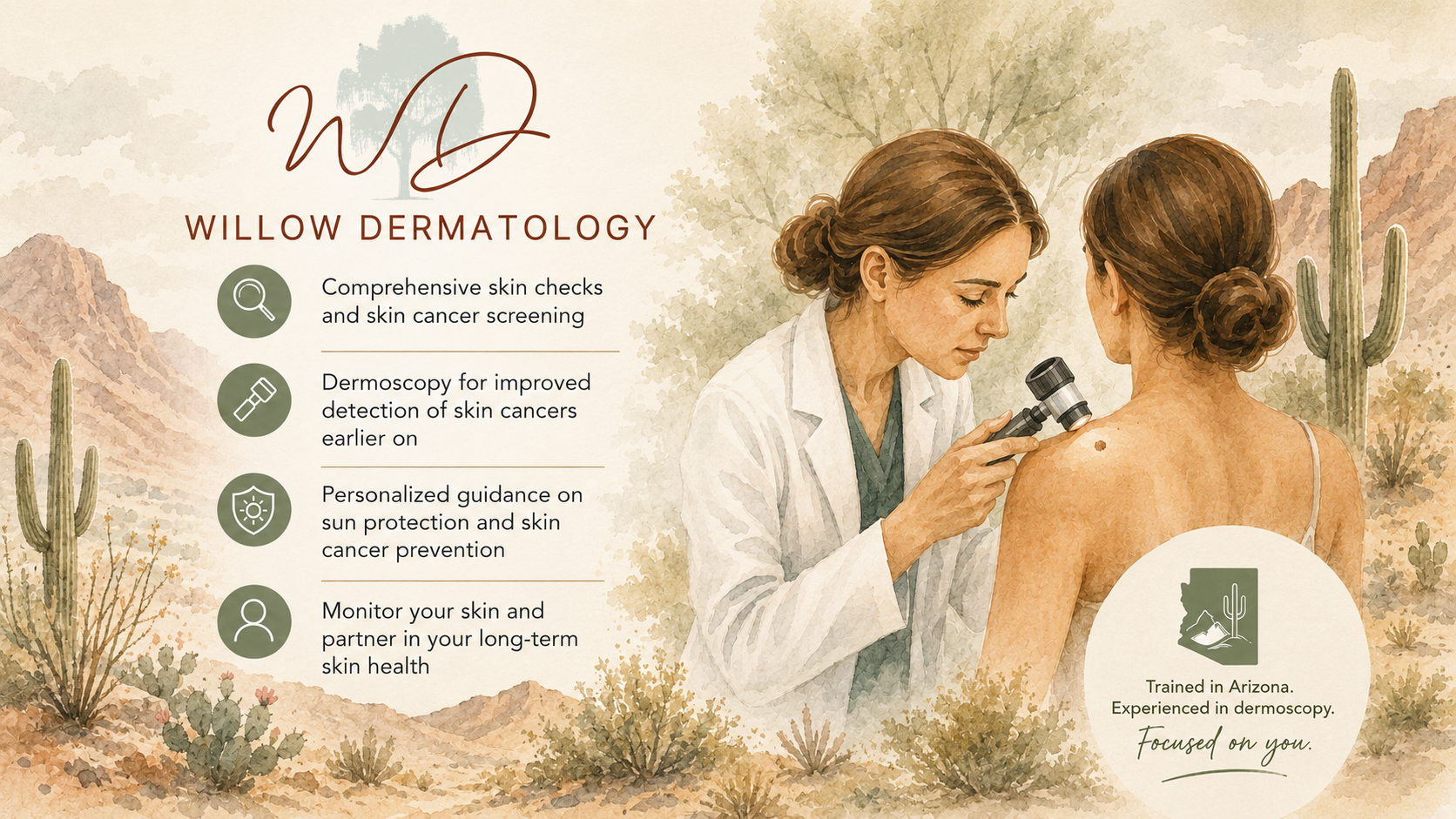 Illustration of a dermatologist examining a woman's back with a dermatoscope outdoors in a desert landscape with cacti and mountains, promoting skin cancer screening and sun protection services.