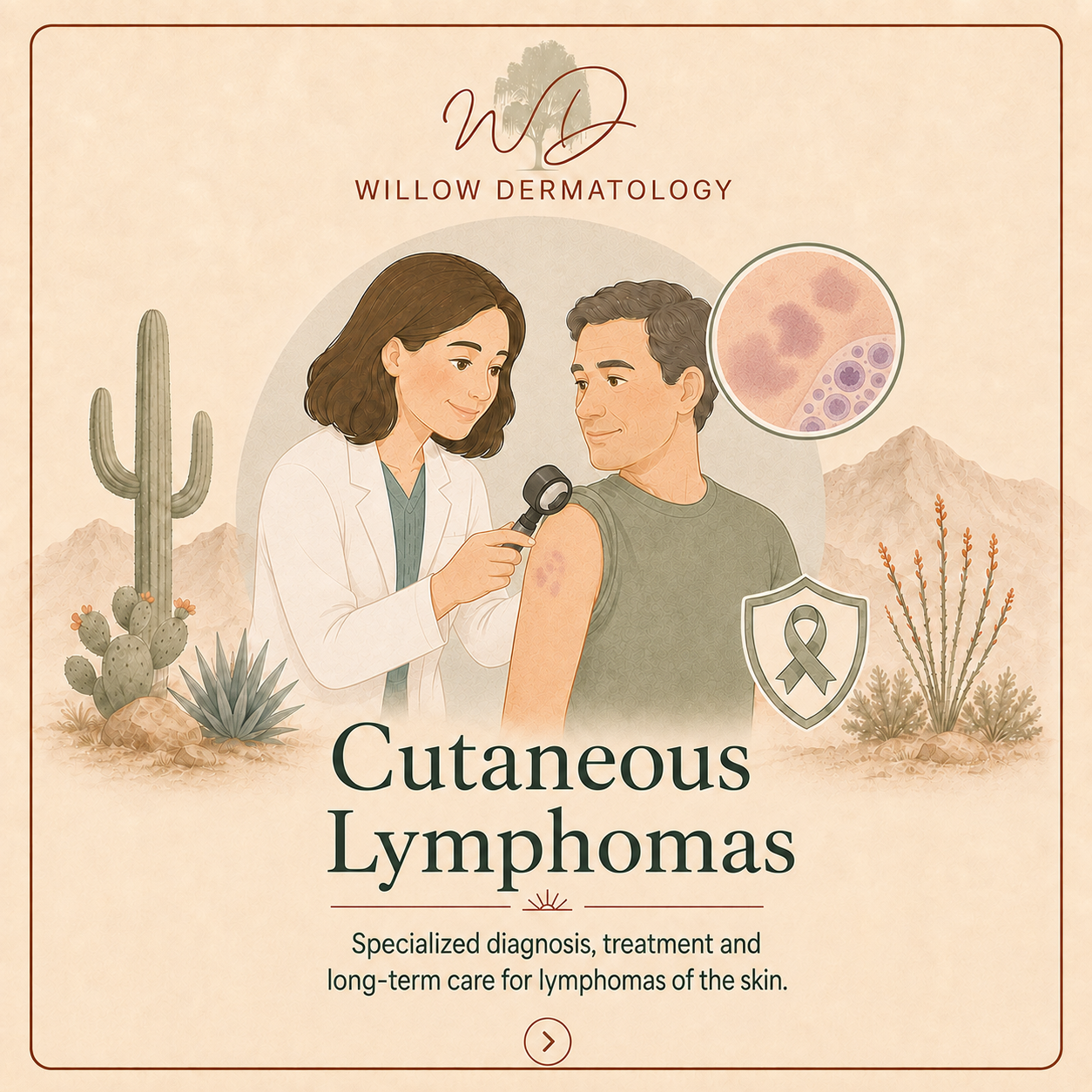 Illustration of a dermatologist examining a patient's shoulder with a skin biopsy magnified in a circle, surrounded by desert plants. Text mentions cutaneous lymphomas and specialized care.