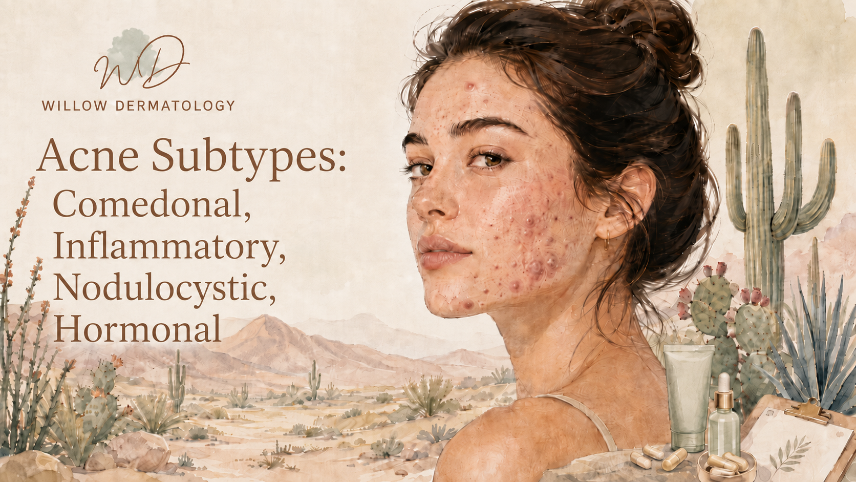 A woman with acne on her face, looking at the camera. The background features desert landscape with cacti and mountains. Text overlay promotes Willow Dermatology skincare for different acne subtypes: comedonal, inflammatory, nodulocystic, and hormonal.