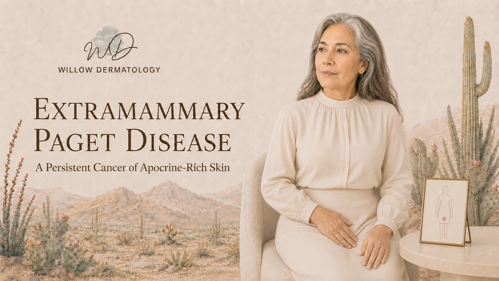A woman with gray hair and light-colored clothing sitting next to a cactus and a framed diagram of the human body on a small table, with text about extramammary Paget disease on the left side.