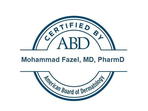 Seal of certification from the American Board of Dermatology with the name Mohammad Fazel, MD, PharmD.