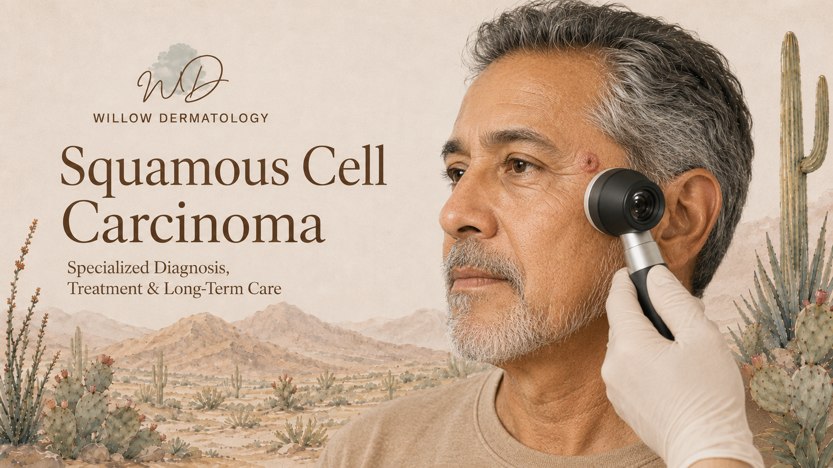A senior man getting an ear examination with an otoscope in a dermatologist's office, backdrop features desert landscape with cacti and mountains, promoting diagnosis and treatment of squamous cell carcinoma.