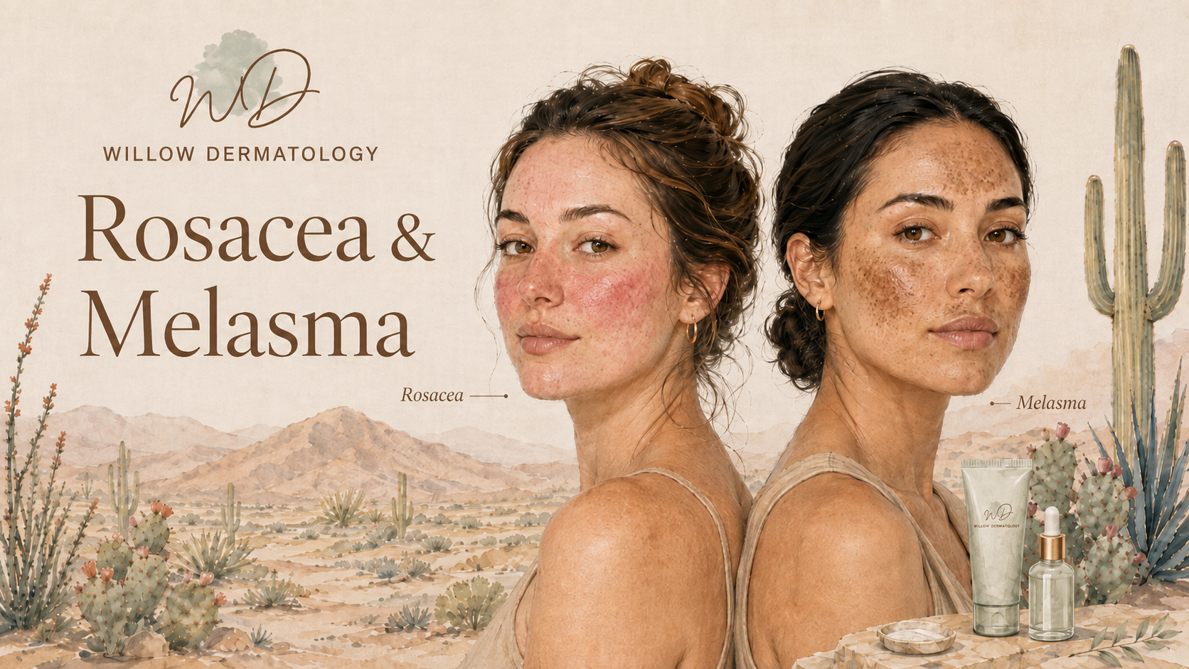 Two women with natural skin conditions, one with rosacea and the other with melasma, standing back-to-back against a desert landscape background with cacti and mountains. The image promotes willow dermatology treatments for skin conditions.