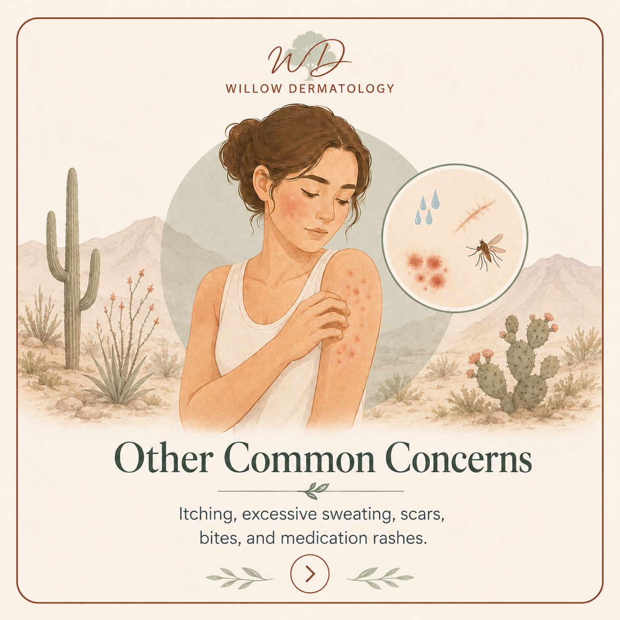 Illustration of a woman with a skin rash on her arm, surrounded by desert plants, with inset graphic showing mosquito bites and skin infection.