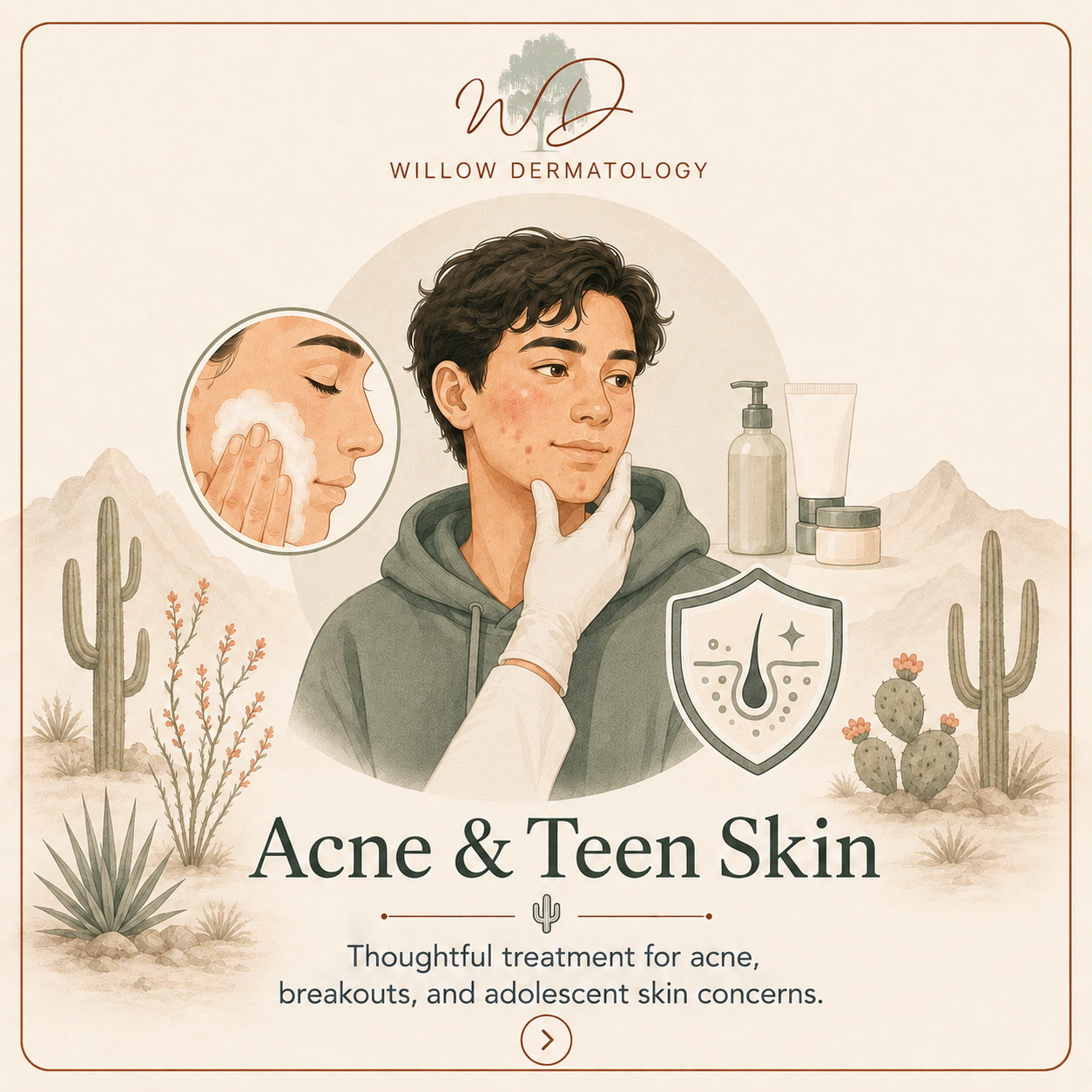 Illustration of a woman with acne being treated by a dermatologist. The dermatologist is applying skincare products and inspecting her skin, with a focus on acne and teen skin concerns. Desert landscape with cacti in the background, emphasizing a natural, soothing skincare theme.