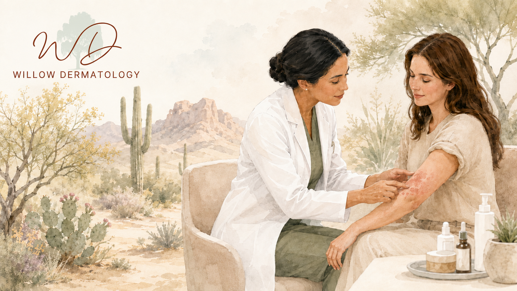 A dermatologist examines a woman's arm with a skincare condition in a desert-themed setting with cacti and mountains; Willow Dermatology logo in the top left corner.