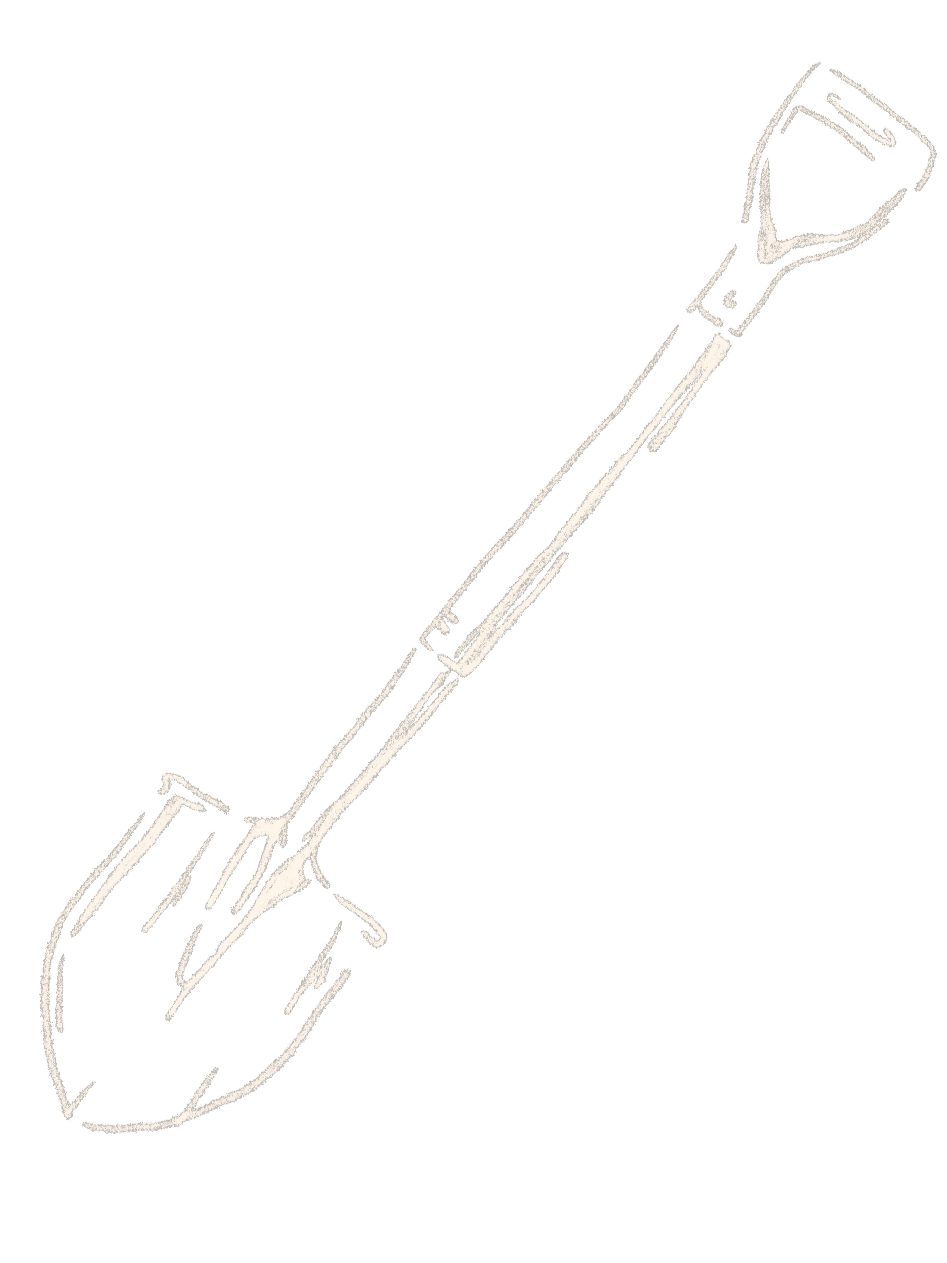 White outline of a small shovel with a pointed digging blade and a long handle against a black background.