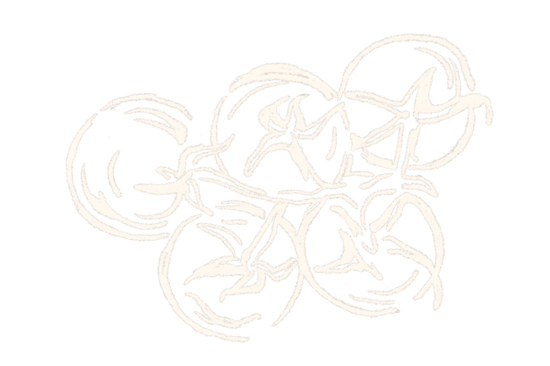 Line art of a cluster of cherries with leaves, drawn in white on a black background.