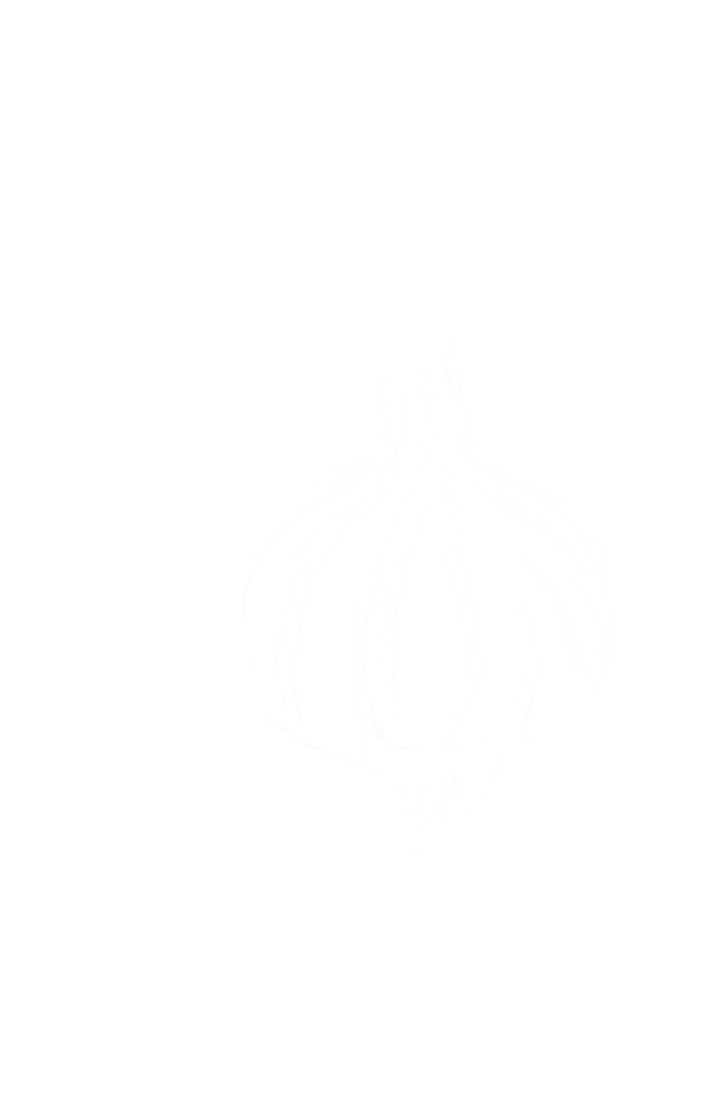 White line drawing of an onion with elongated green shoots growing from the top, set against a black background.