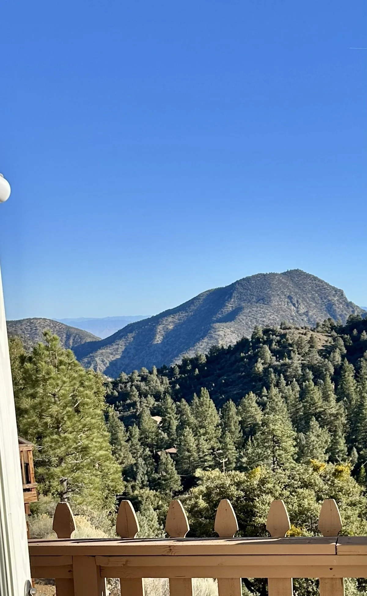 View of a mountainous landscape with trees, under a clear blue sky, seen from a wooden balcony with a picket fence.