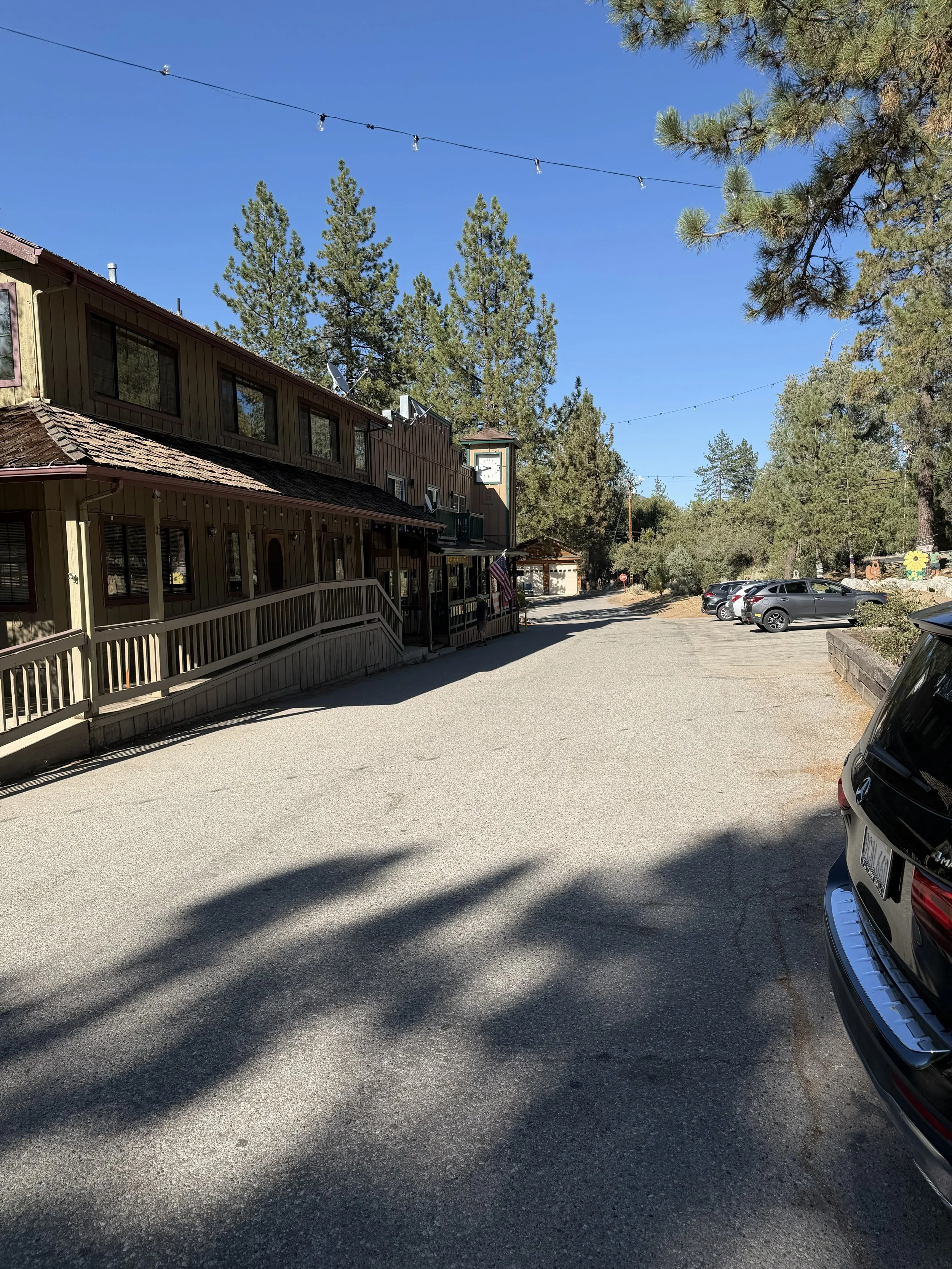 A parking lot beside a rustic wooden building in the village square with a clock tower, surrounded by tall pine trees and string lights overhead, under a clear blue sky.