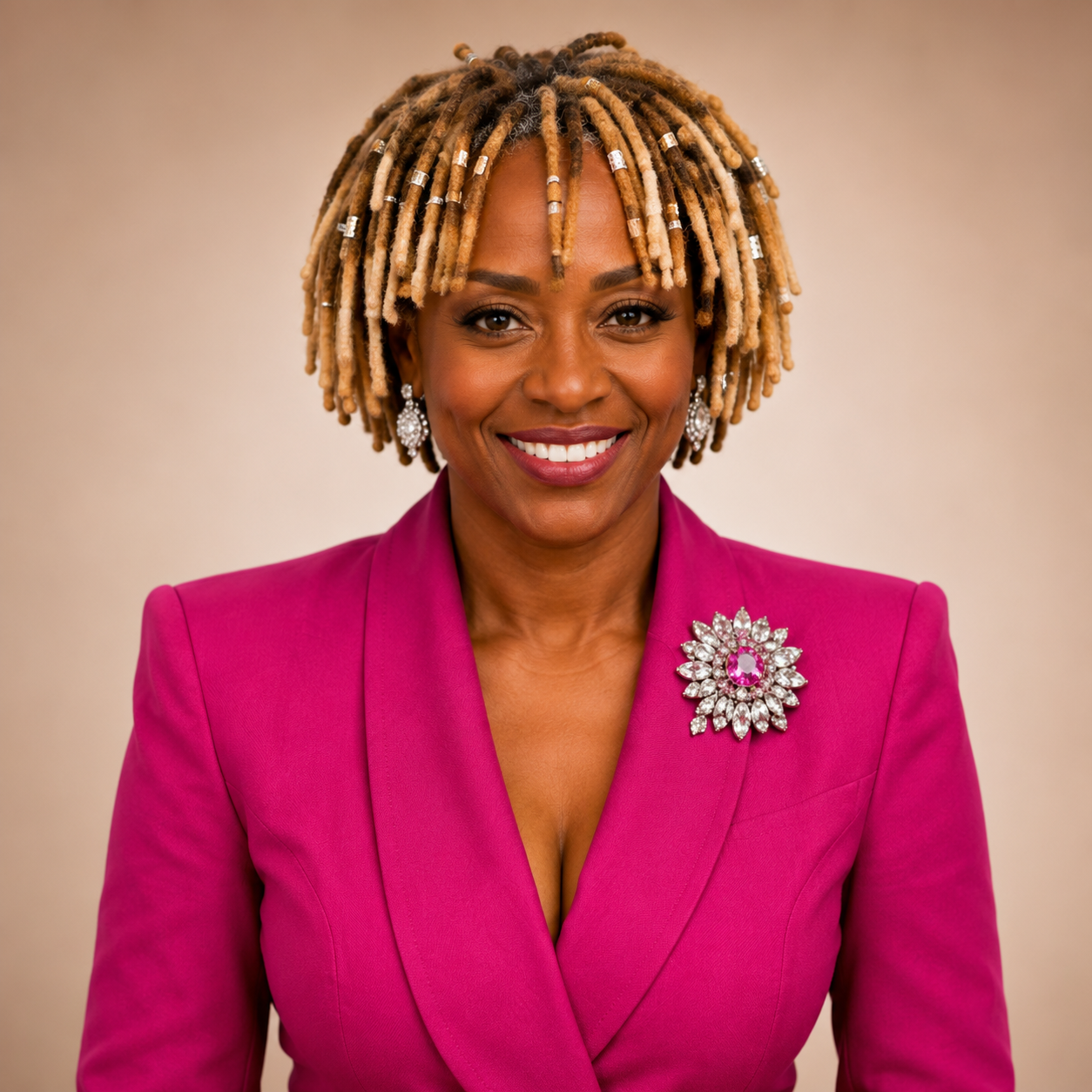 A woman with dreadlocks styled with beads, wearing a pink blazer with a large jeweled brooch and matching earrings, smiling at the camera.