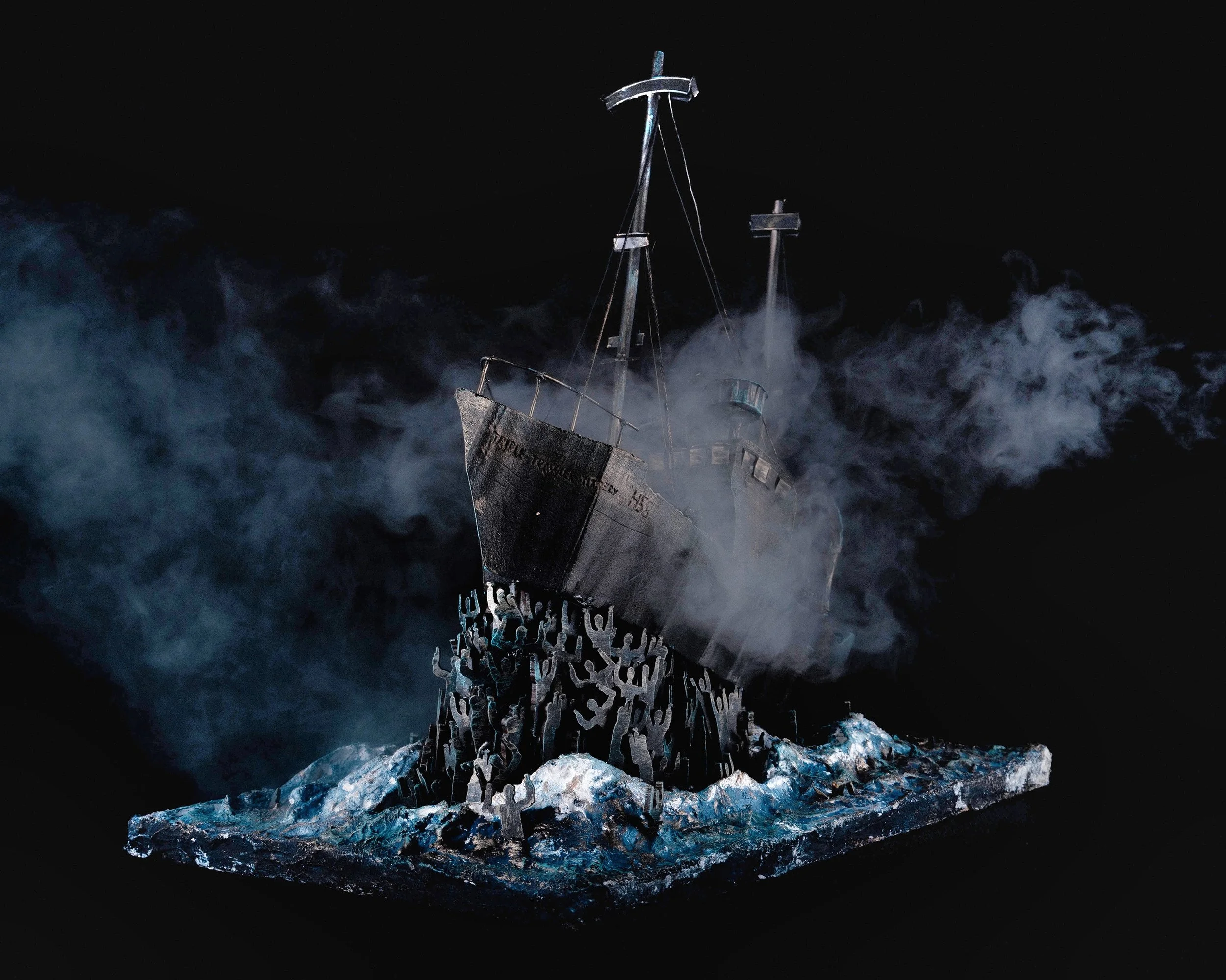 Lost souls. Tribute to triple trawler tragedy. 30cm × 45cm × 40cm. Mixed media.