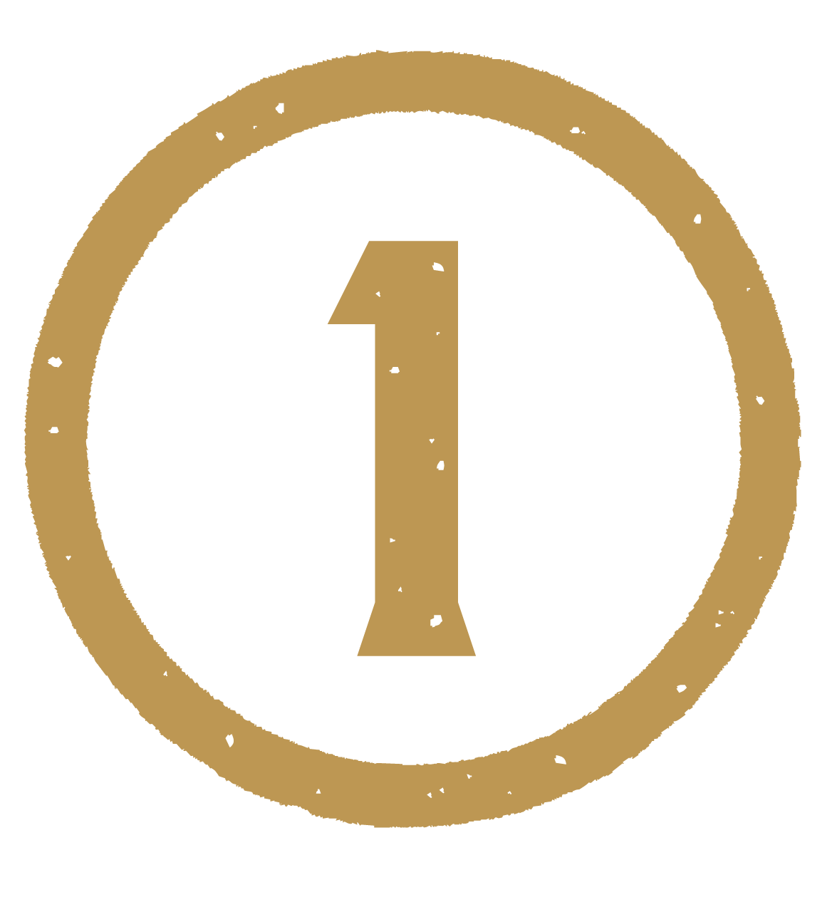 Number one inside a black circle with a gold border.