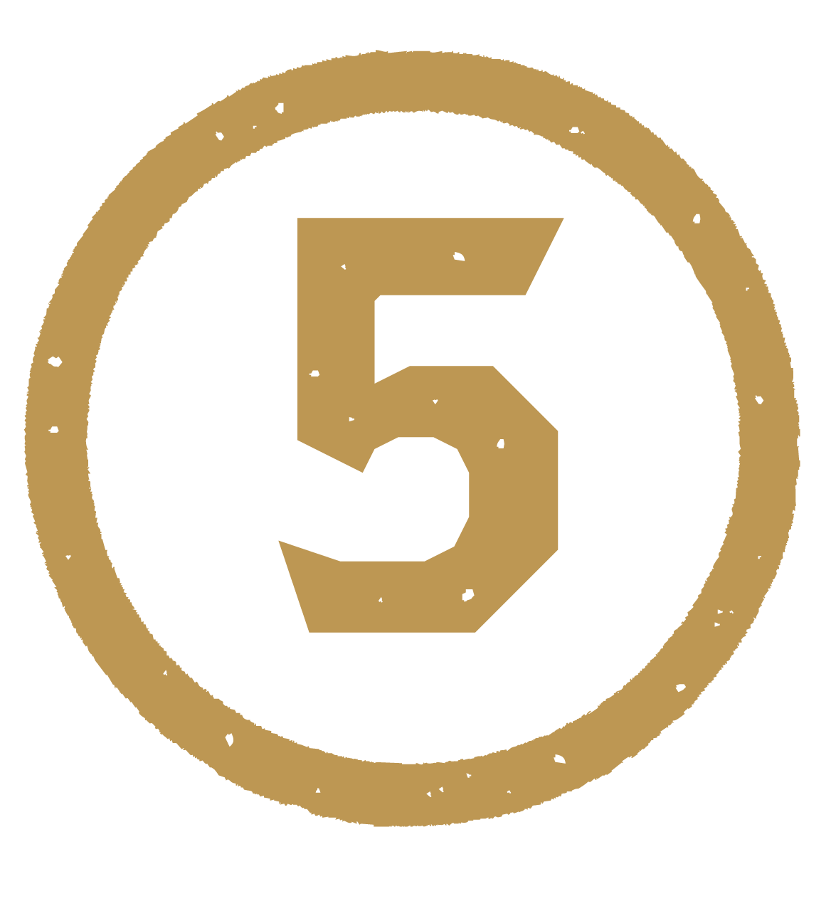 A circular badge with a gold border and a black background, featuring a large gold number 5 in the center.