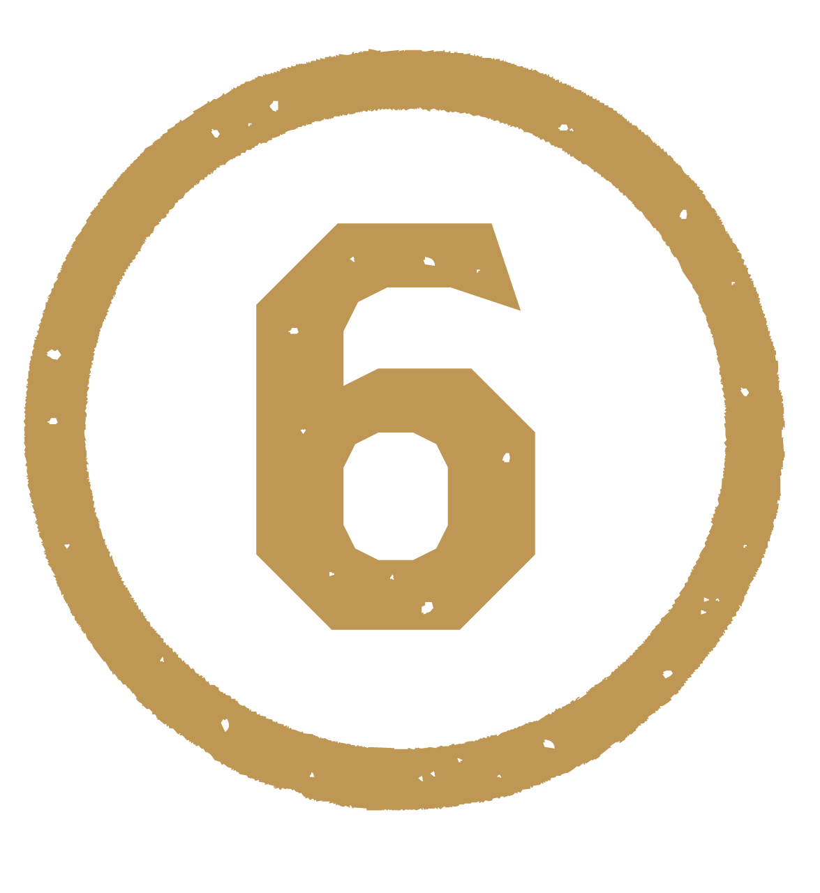 Number six inside a black circle with a distressed gold border.