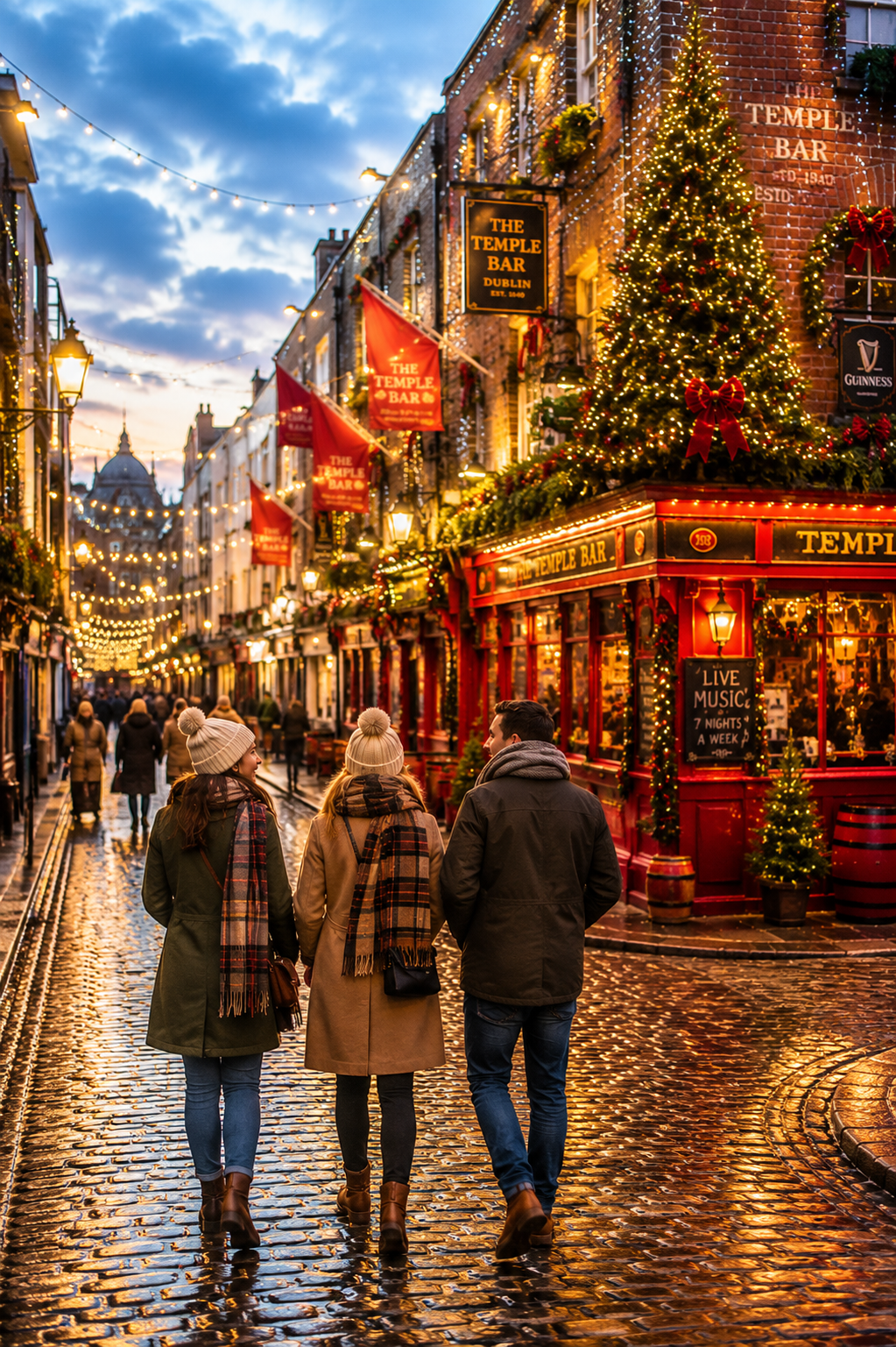 People walking down a festive, brightly decorated street with Christmas lights, a large Christmas tree, and a pub called The Temple Bar in Dublin during early evening.