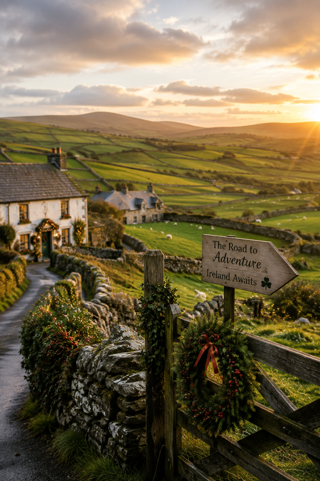 Sunset over rolling green hills in Ireland with stone fences, cottages decorated for Christmas, and a sign that reads 'The Road to Adventure Ireland Awaits' with a wreath hanging on the gate.