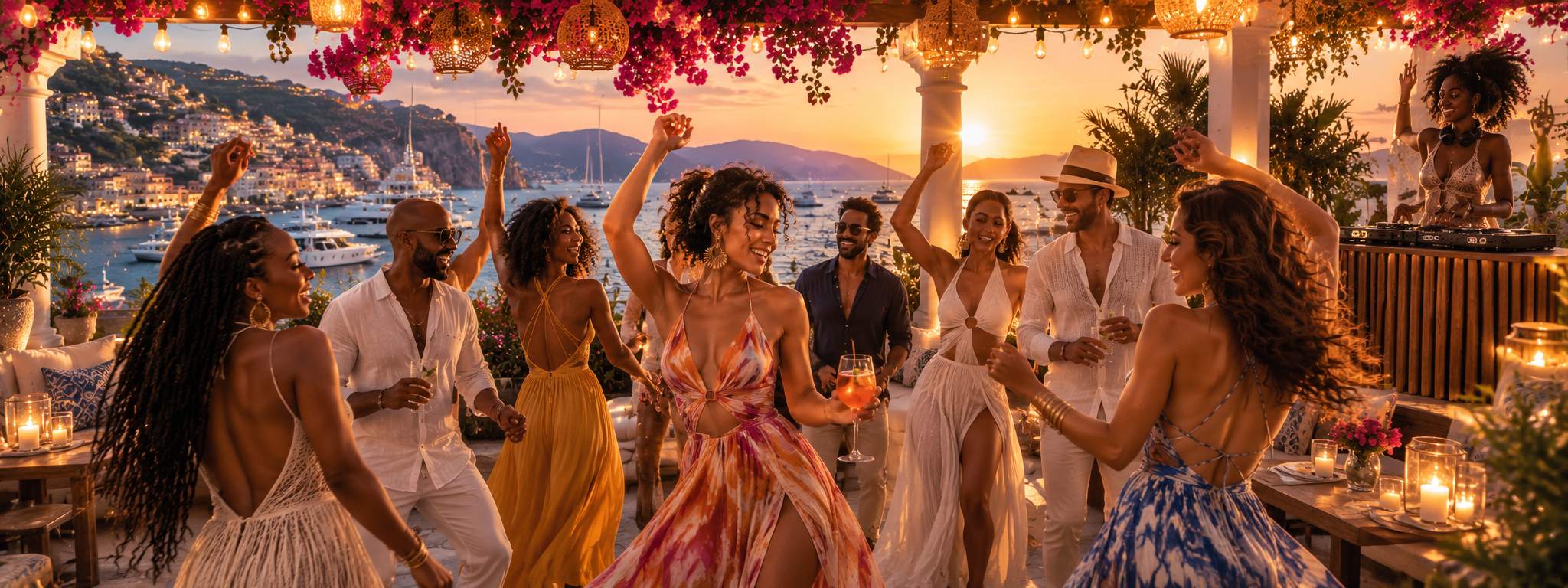 Group of friends dancing and enjoying drinks at a sunset party on a terrace overlooking a harbor with boats and hillside buildings.
