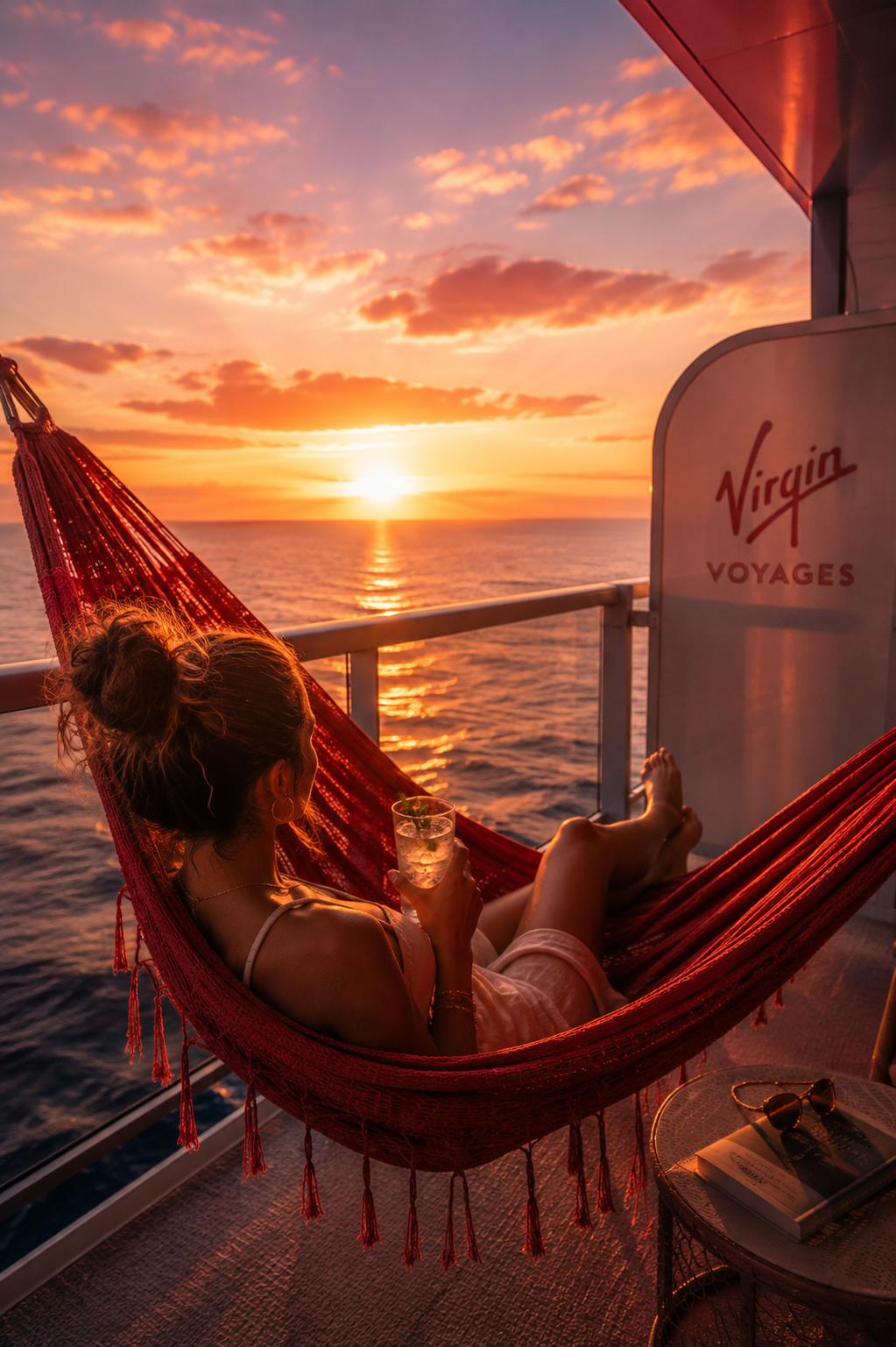 A woman relaxing in a red hammock on a cruise ship deck during sunset, holding a drink with lime, with the ocean and sunset in the background, and a sign that reads "Virgin Voyages."