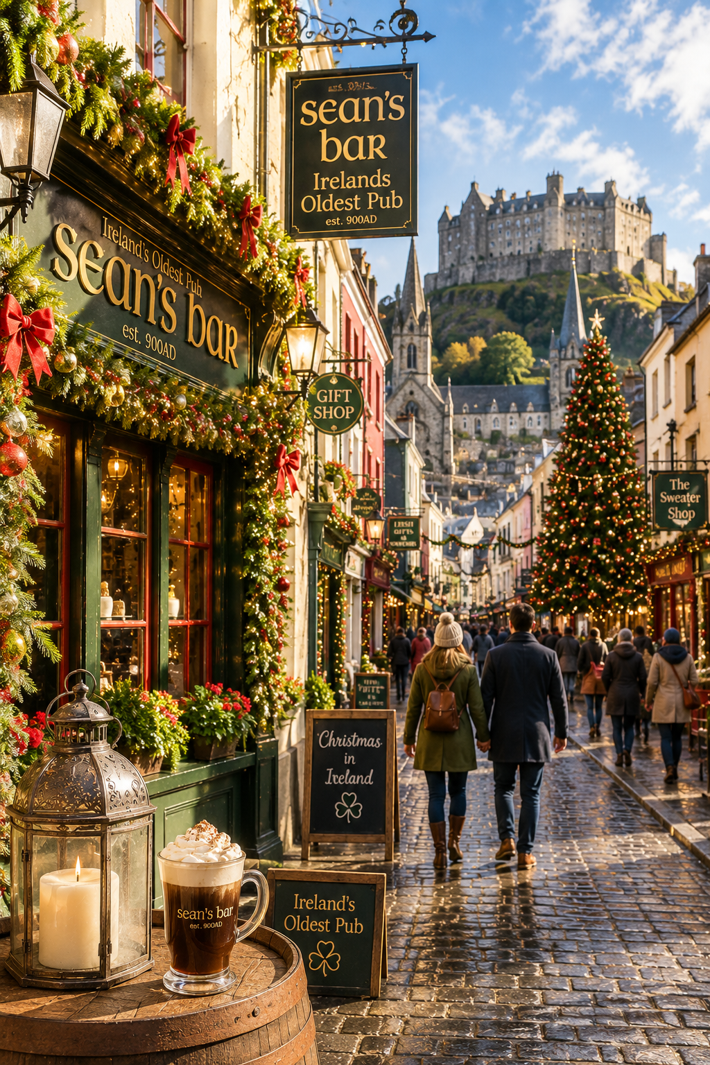A festive street scene in Ireland during Christmas, with decorated shops, a Christmas tree, and tourists walking in front of Sean's Bar, Ireland's oldest pub, with Edinburgh Castle visible in the background.