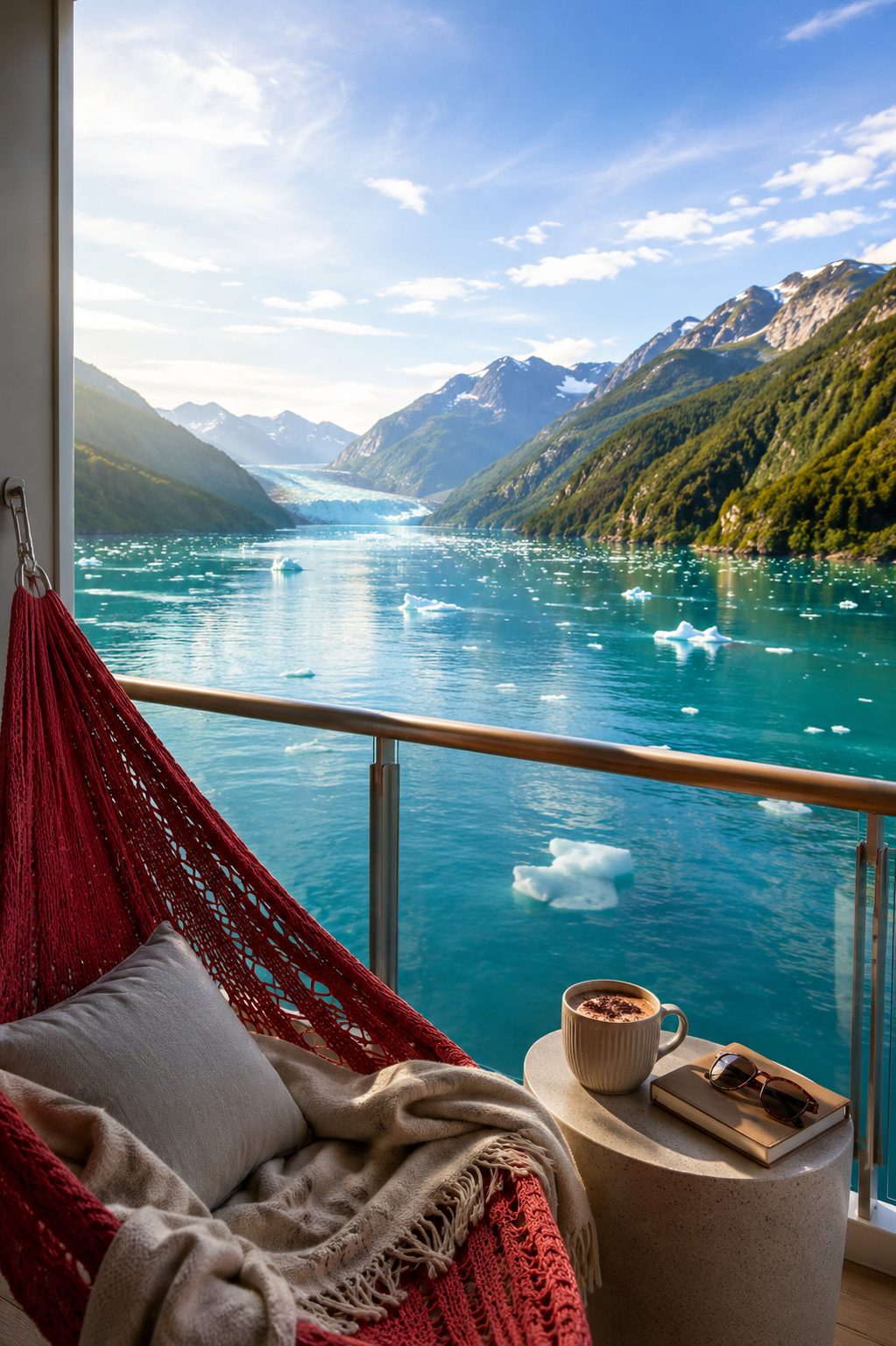 View from a balcony overlooking a fjord with mountains, ice, and a glacier in the distance. On the balcony, there is a red hammock with a blanket and pillow, a cup of hot chocolate, sunglasses, and a book on a round table.
