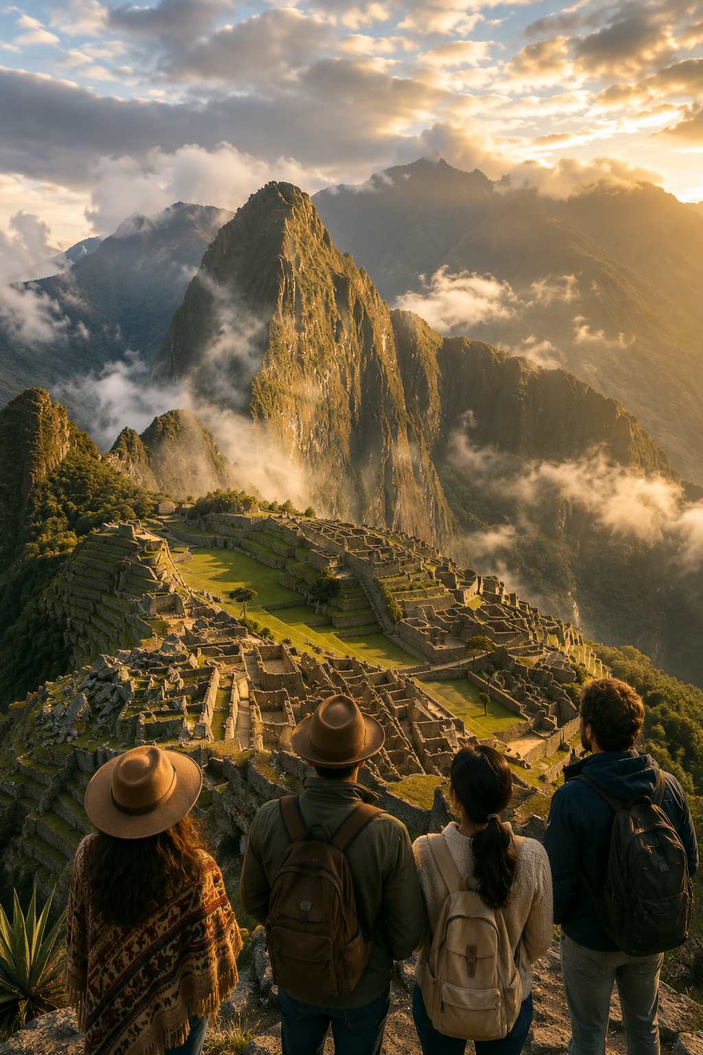 Four tourists with backpacks and hats look at Machu Picchu in the mountains during sunset