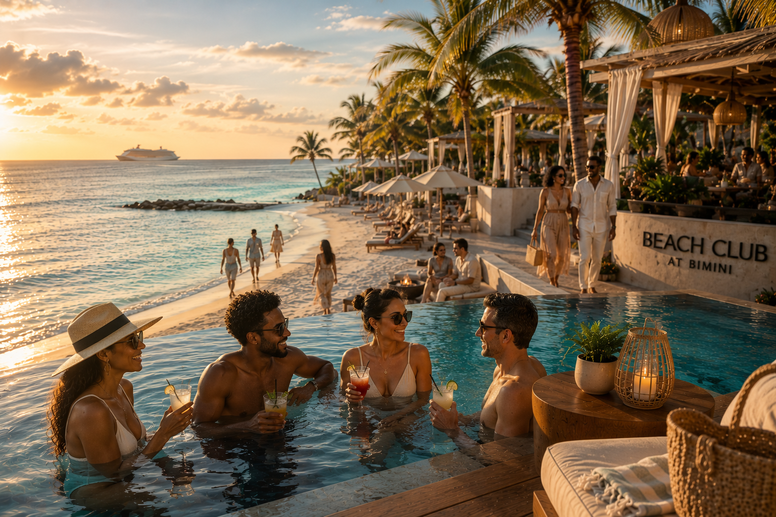 People enjoying drinks in an infinity pool at a beachside resort during sunset, with a beach and a cruise ship in the background.