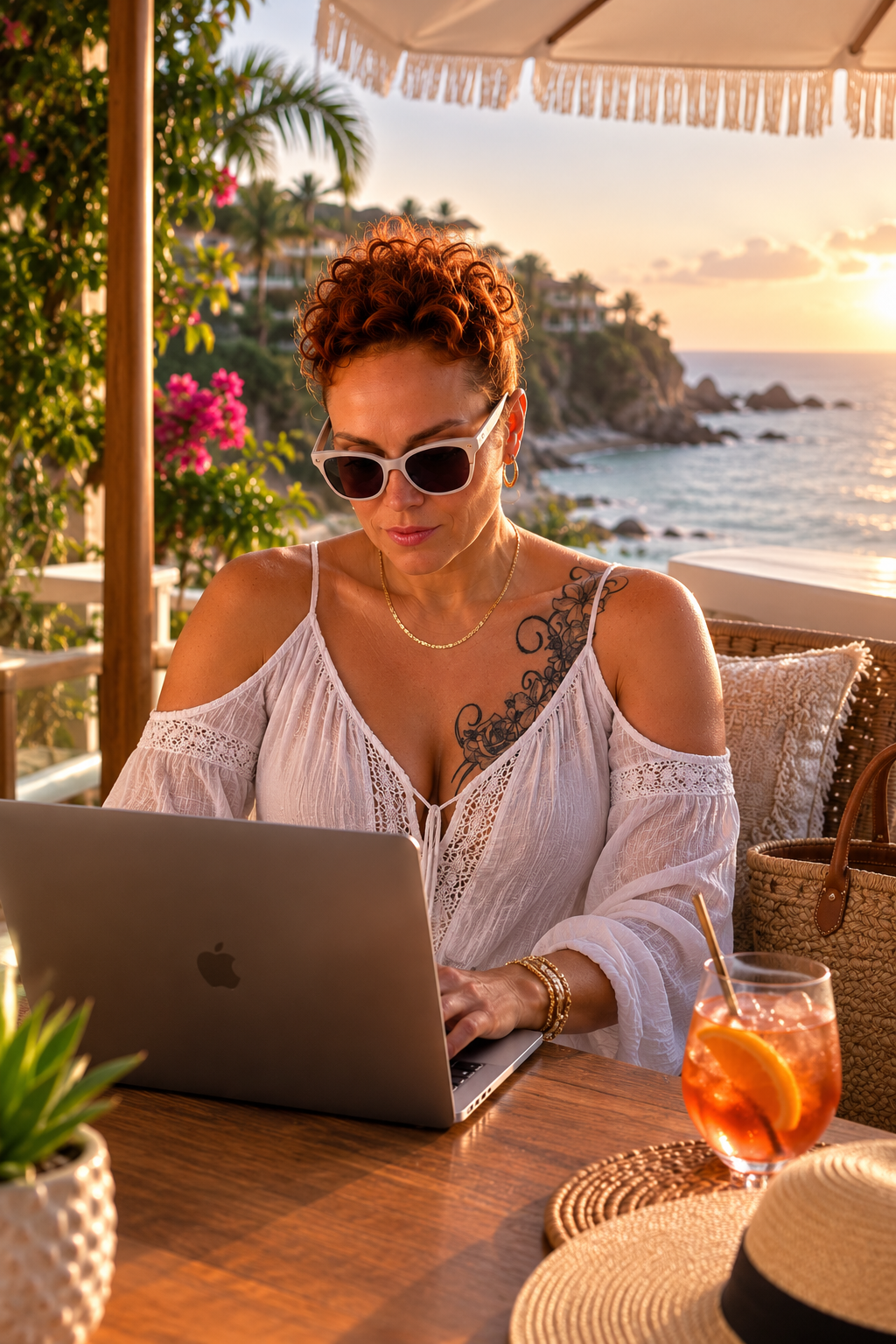 A woman with curly red hair wearing sunglasses and a white off-shoulder blouse working on a laptop at an outdoor seaside cafe during sunset, with a drink and a straw on the table.