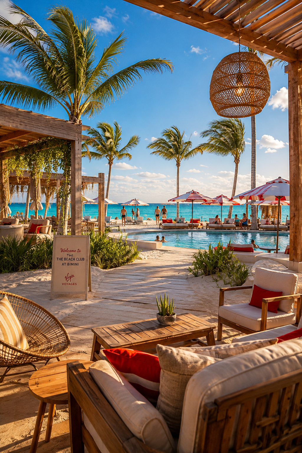 Beachside pool area at the Beach Club in Bimini with palm trees, umbrellas, lounge chairs, and people enjoying the sunny weather.