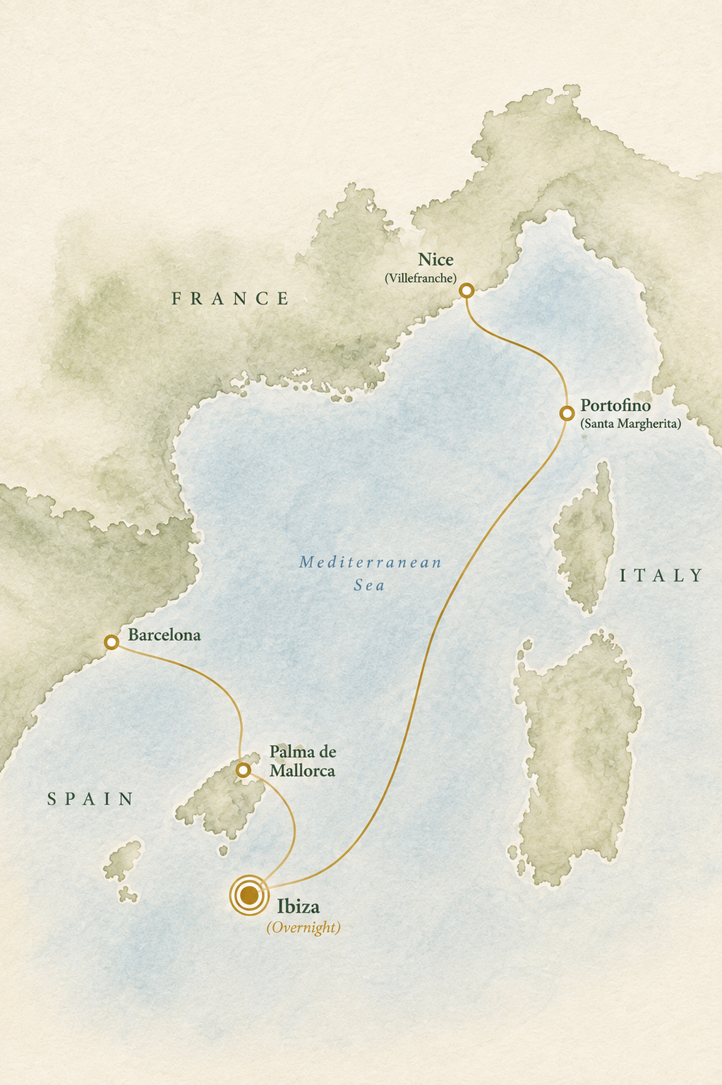 Map showing a cruise route from Ibiza, Spain to Nice and Portofino, Italy, passing through Palma de Mallorca and Barcelona.