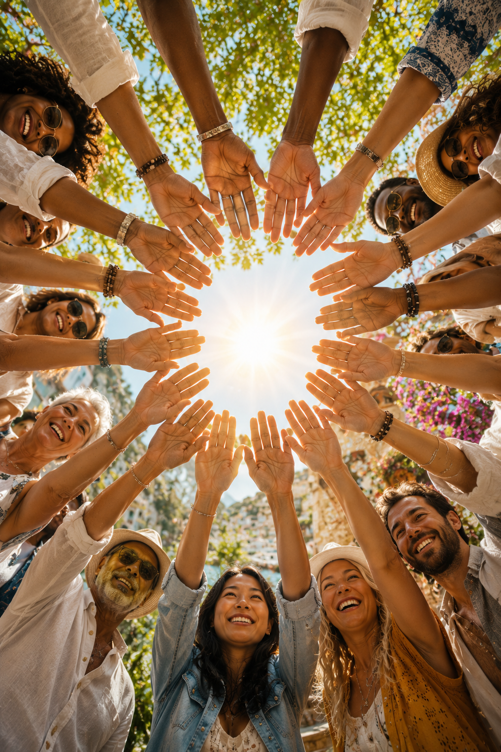 A diverse group of people standing in a circle with their hands raised towards the sky, forming a star shape with their hands and fingers as the sun shines in the background. They are smiling and enjoying a sunny outdoor setting with trees and flowering plants.