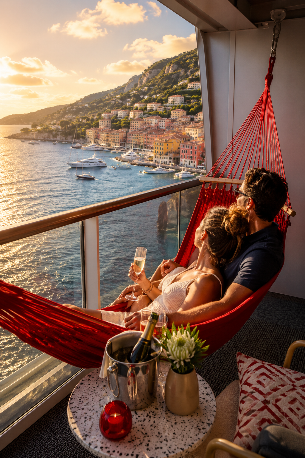 A couple relaxing in a hammock on a balcony overlooking a harbor with colorful buildings, boats, and a hillside in the sunset.