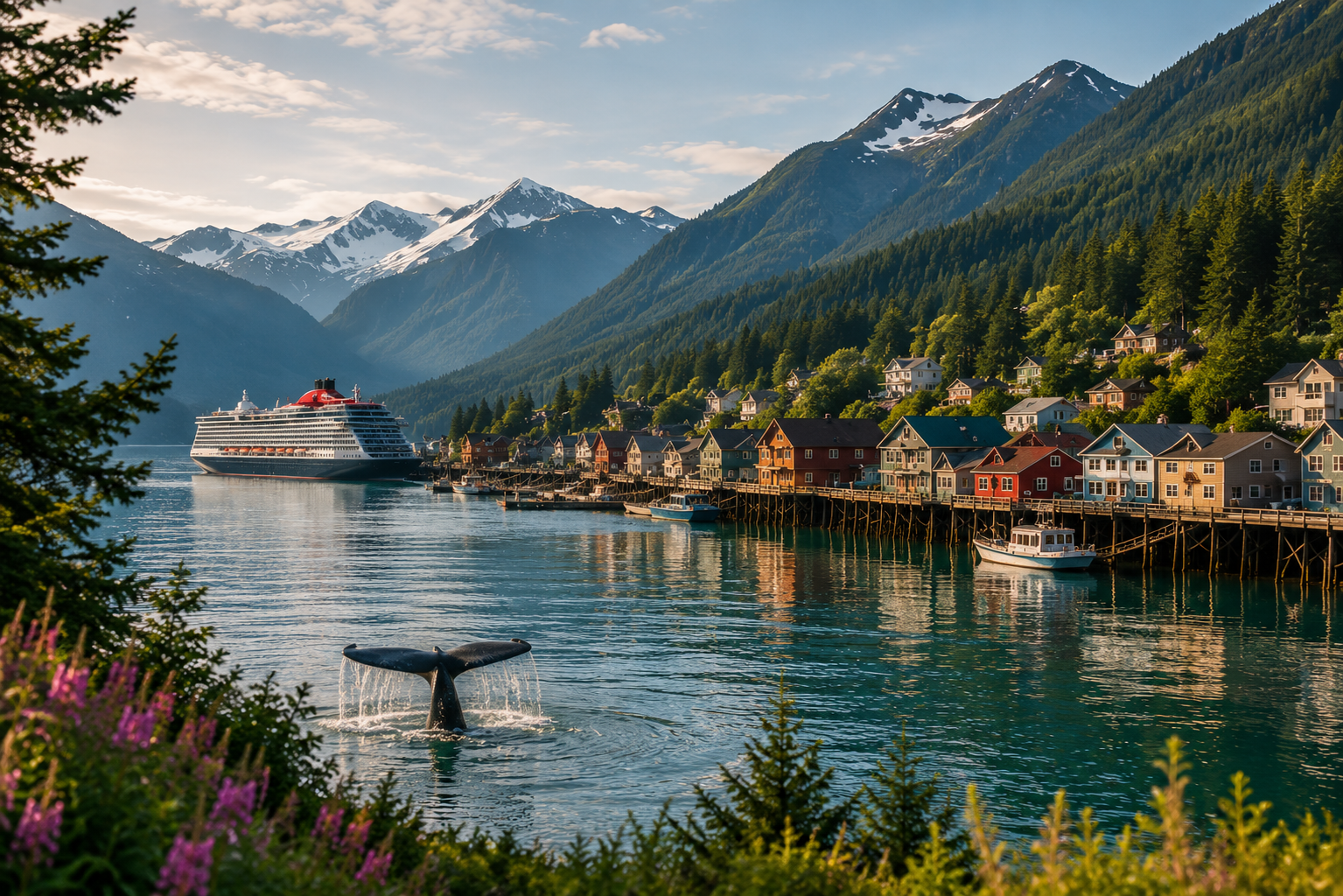 A coastal town with colorful houses on stilts along the water, mountains with snow caps in the background, a cruise ship docked, and a whale tail splashing in the water.