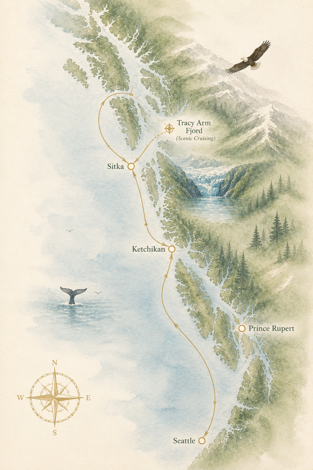 Map of a cruise route along the coast, showing stops at Seattle, Prince Rupert, Ketchikan, Sitka, and Tracy Arm Fjord, with scenery of mountains, trees, water, an eagle flying, and a whale in the ocean.