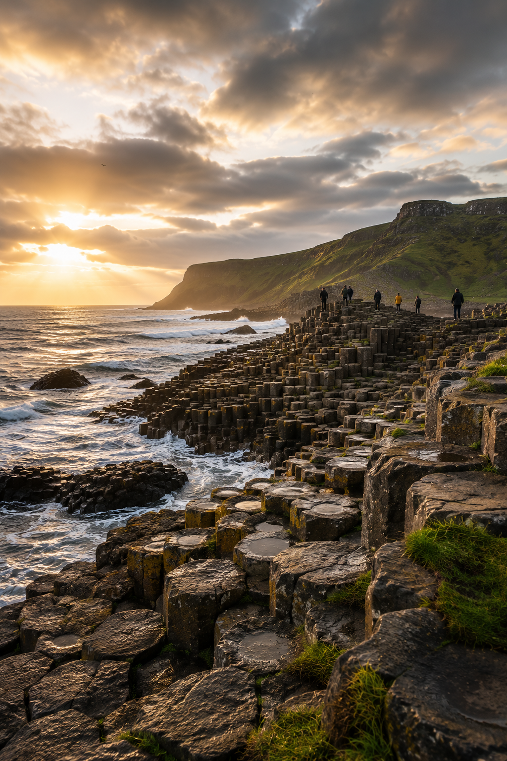 Sunset over the Cliffs of Moher with tourists walking among the basalt columns.