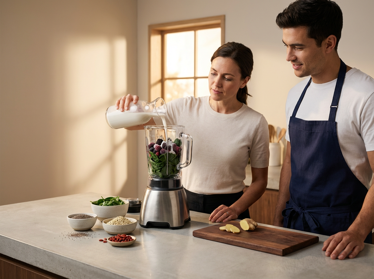 A woman pours milk into a blender containing berries and greens while a man stands beside her, both smiling, in a kitchen. There are bowls of ingredients on the countertop, including seeds, goji berries, and a small bowl with spinach leaves. The woman has brown hair pulled back, and the man is wearing an apron over a white shirt.