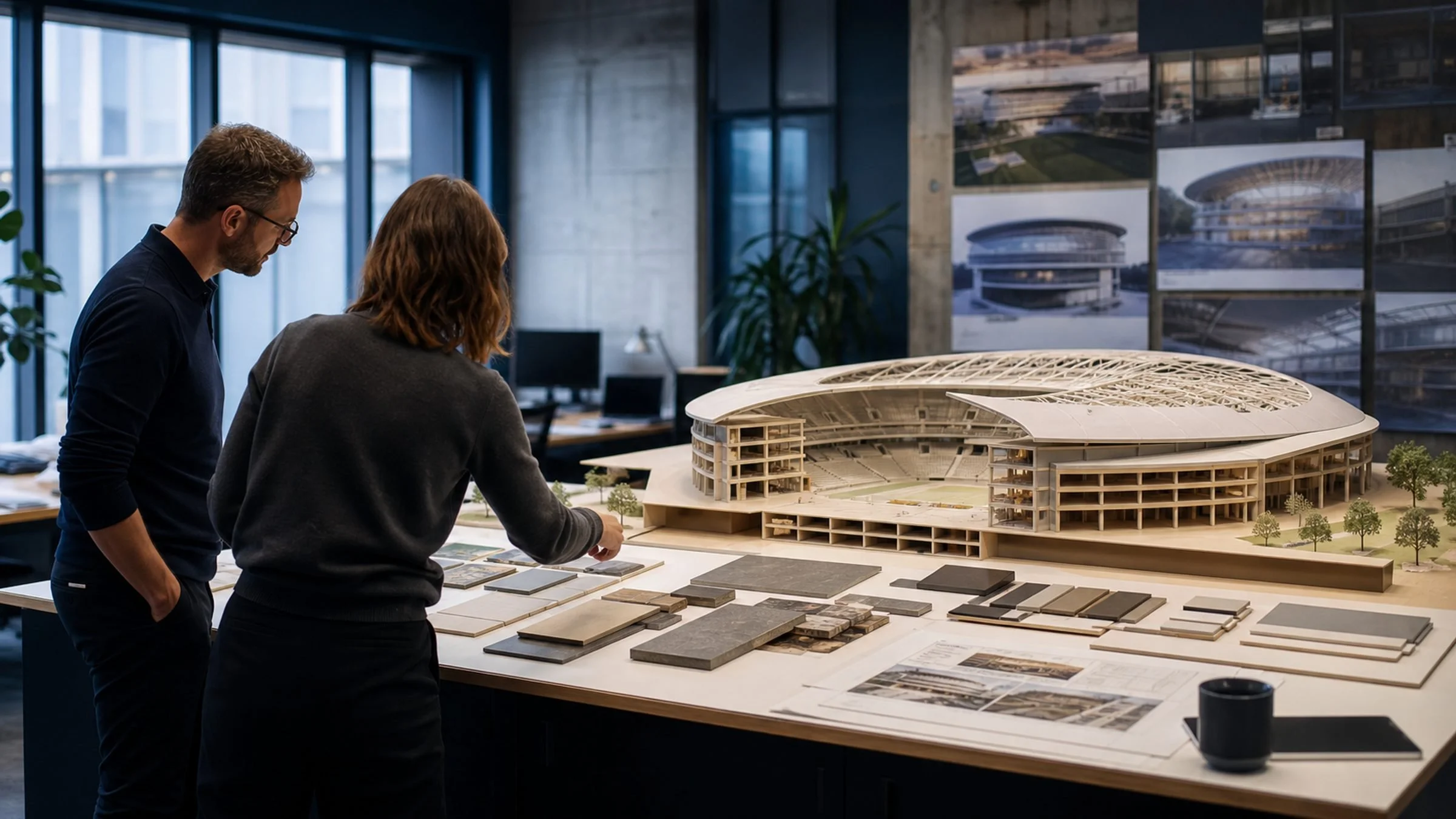 Architect and commercial advisor reviewing a stadium model and material options