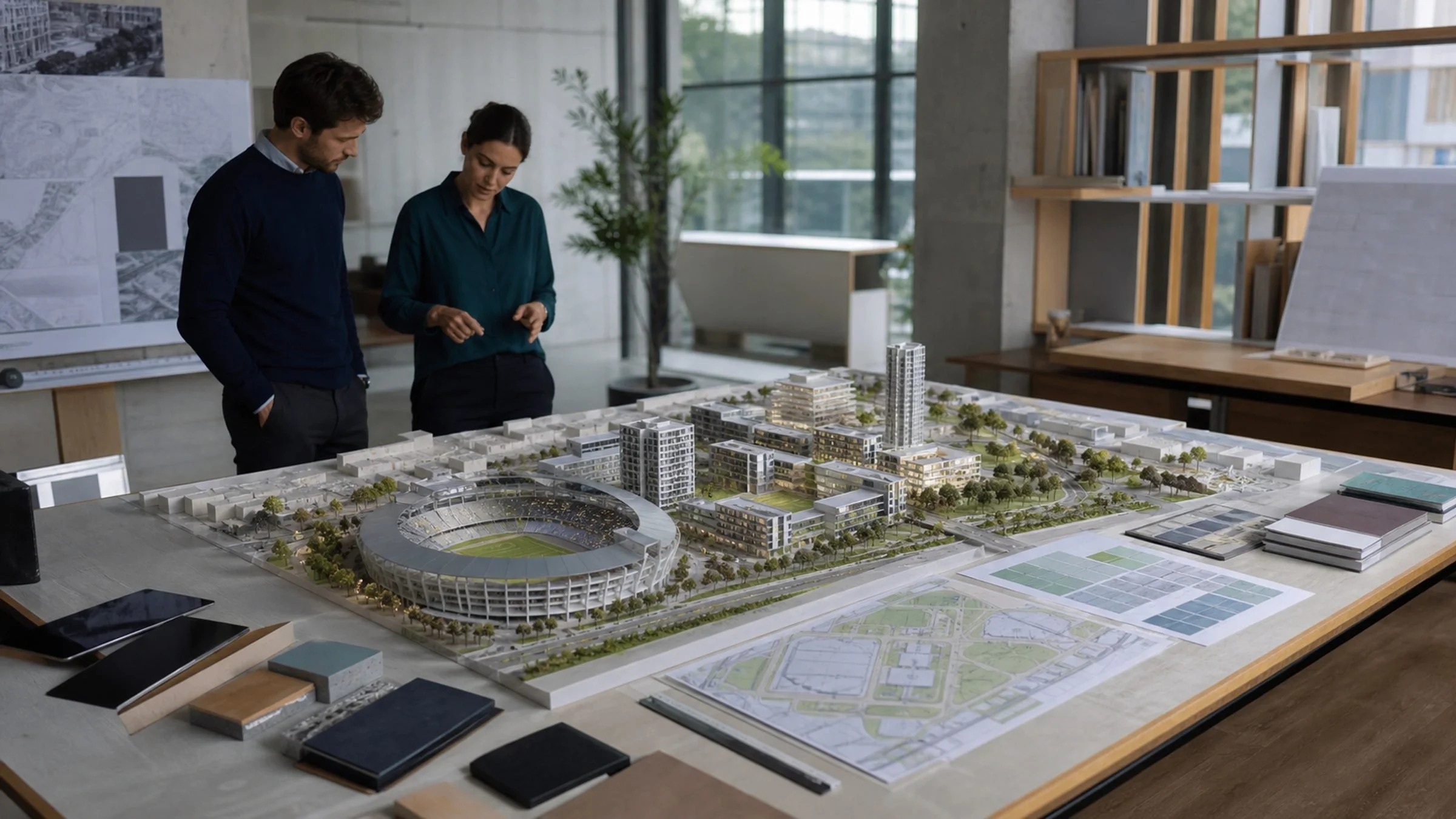 Project team reviewing an early-stage sports and mixed-use development model