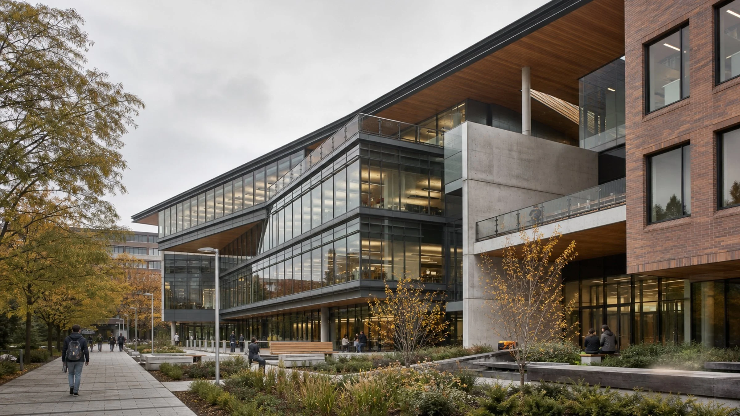 Modern university learning facility with landscaped campus courtyard