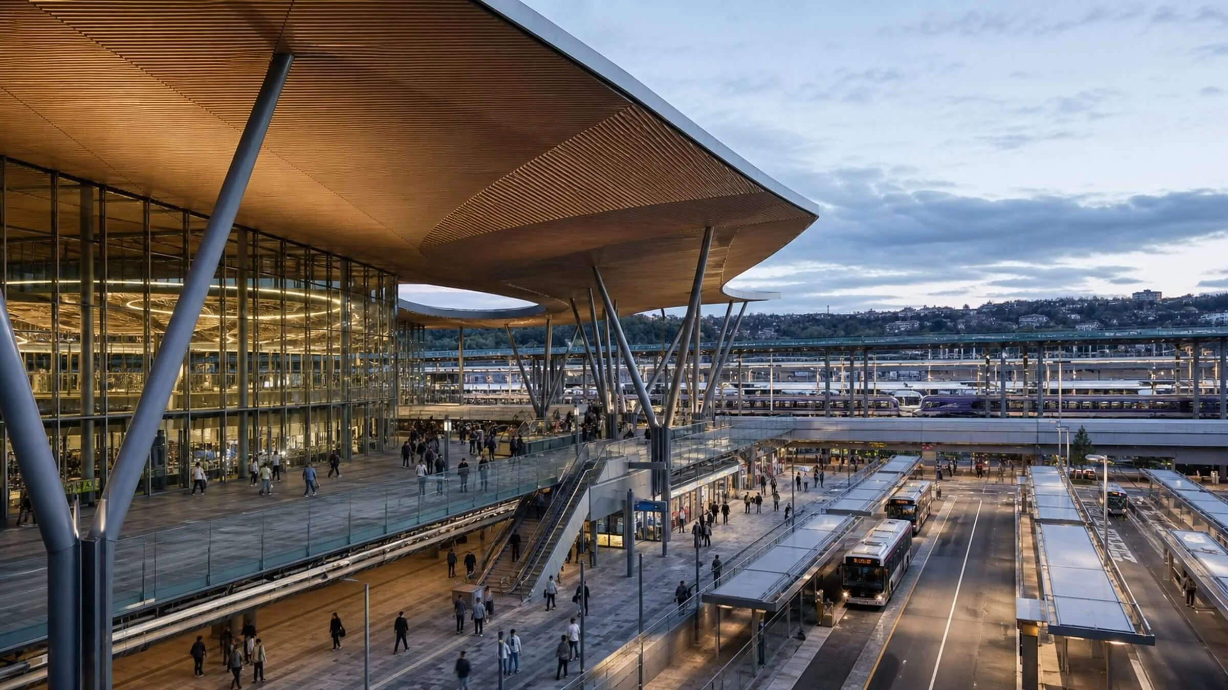 Modern multimodal transport hub connecting rail, bus and pedestrian routes