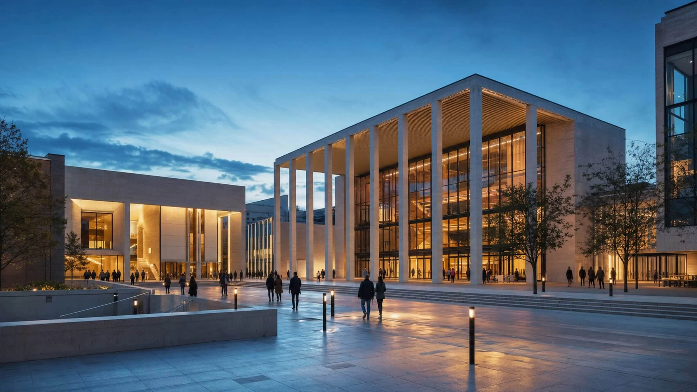 Contemporary performing arts and cultural centre overlooking a civic plaza