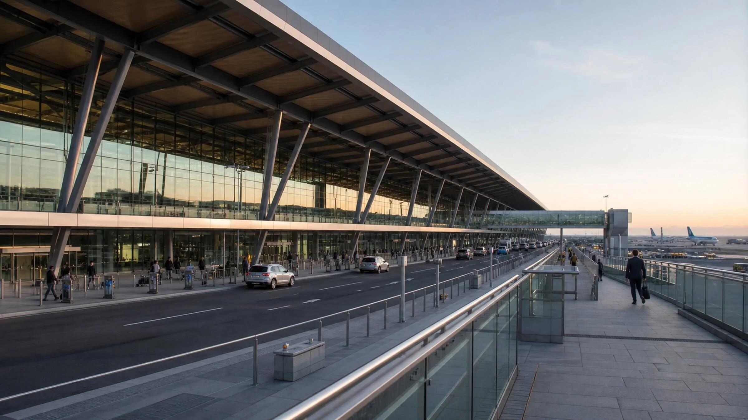 Contemporary airport terminal with expansive glass façade and passenger concourse