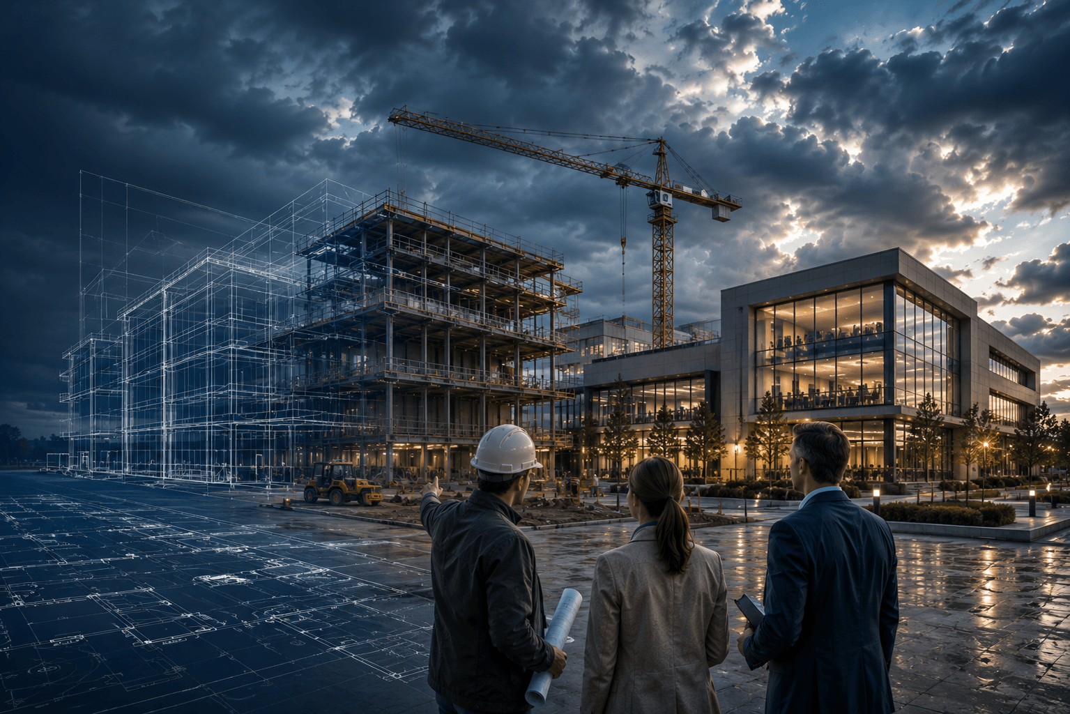 Construction site during evening with three professionals discussing plans, one wearing a hard hat, with building blueprints and a large crane, modern glass building in background.